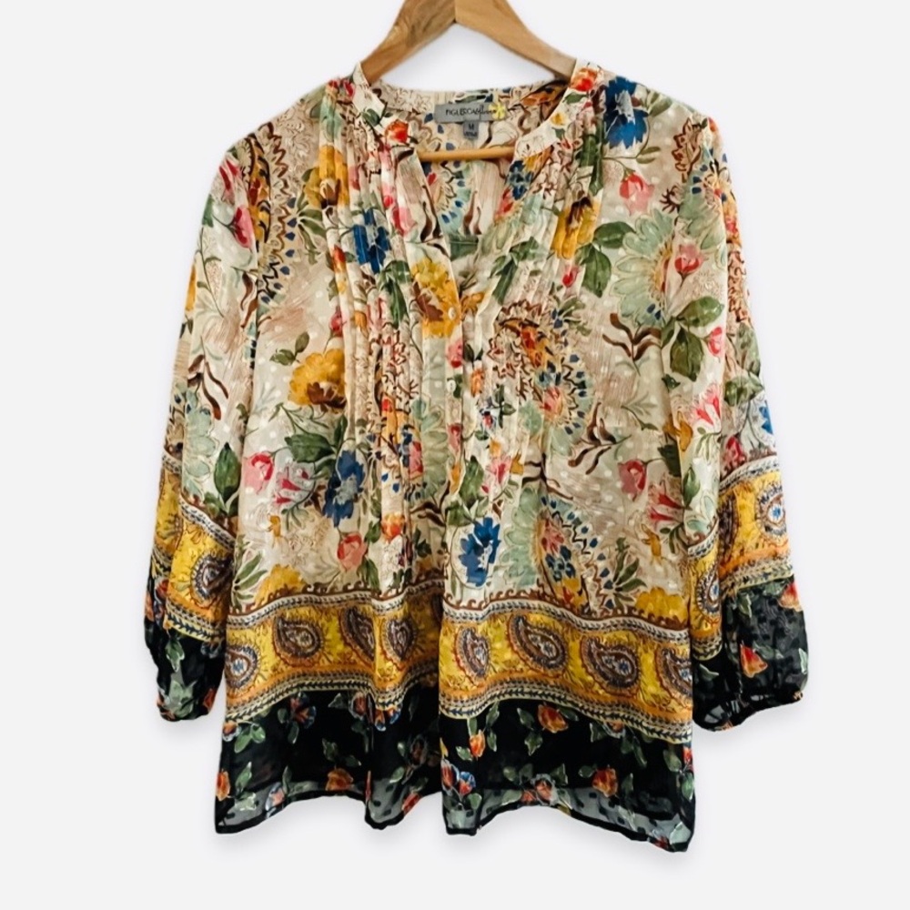 Anthropologie Cream Floral Pintuck Boho Blouse - Multicolor